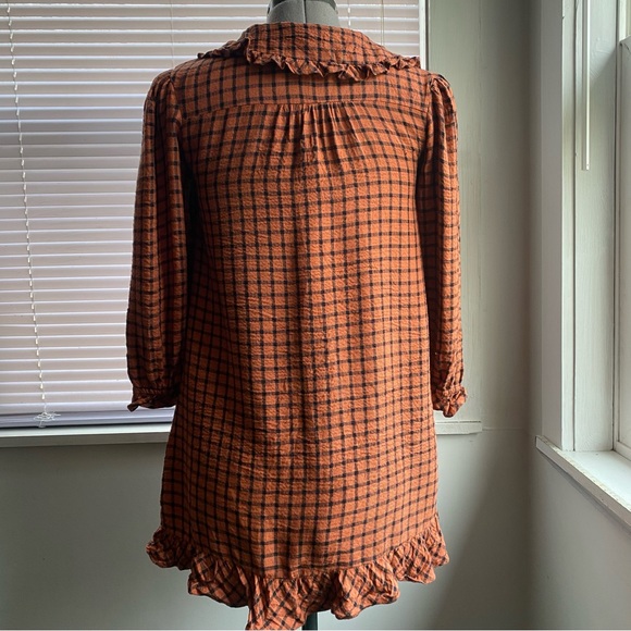 ZARA Beautiful Cotton Button Up Blouse Orange Black Squares Size M - Picture 3 of 7